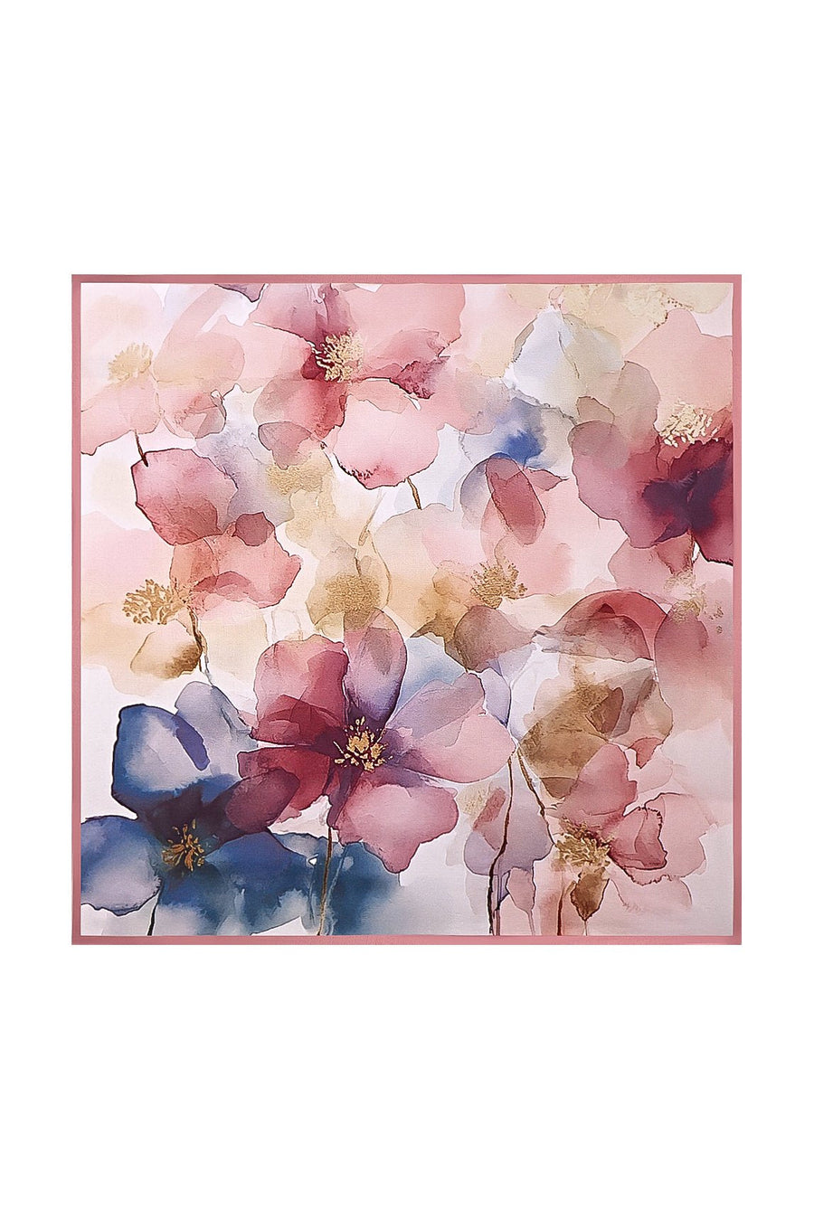 Mulberry silk square scarf with a watercolor floral pattern in pink, blue, and gold tones.
