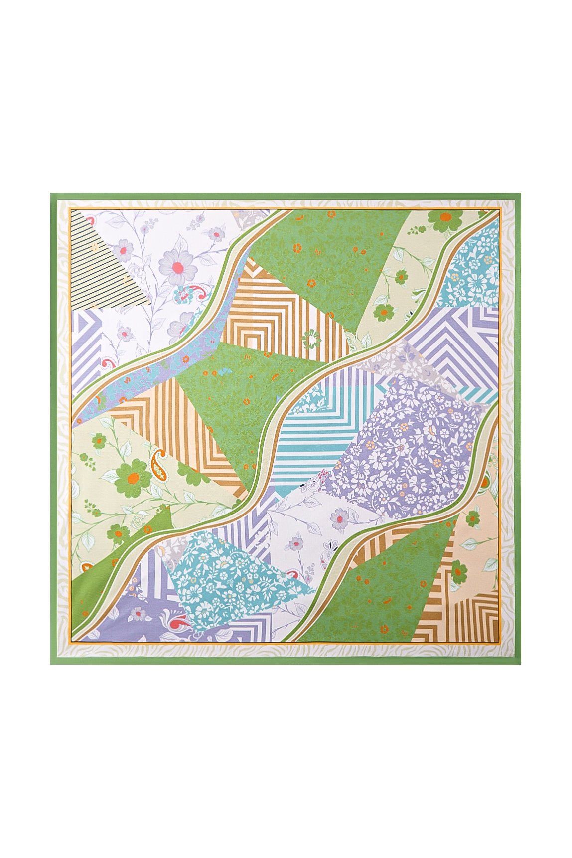 Mulberry silk square scarf with a colorful patchwork pattern, featuring floral, striped, and paisley designs.