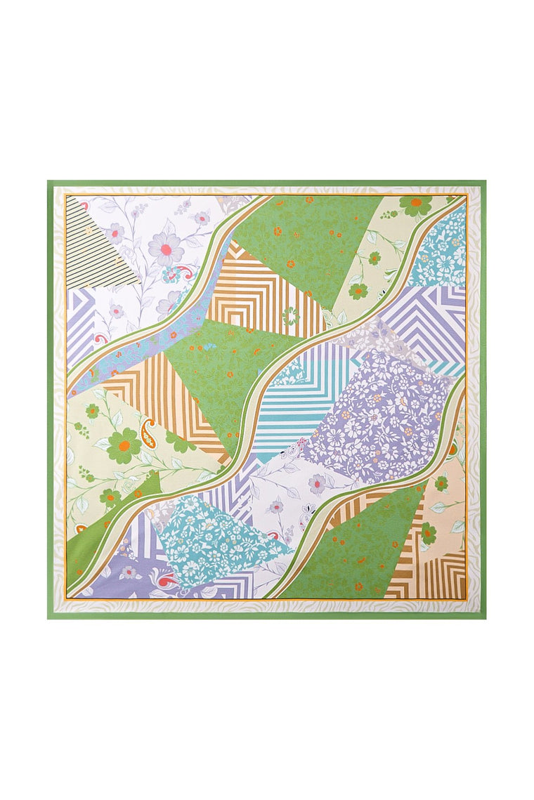 Mulberry silk square scarf with a colorful patchwork pattern, featuring floral, striped, and paisley designs.