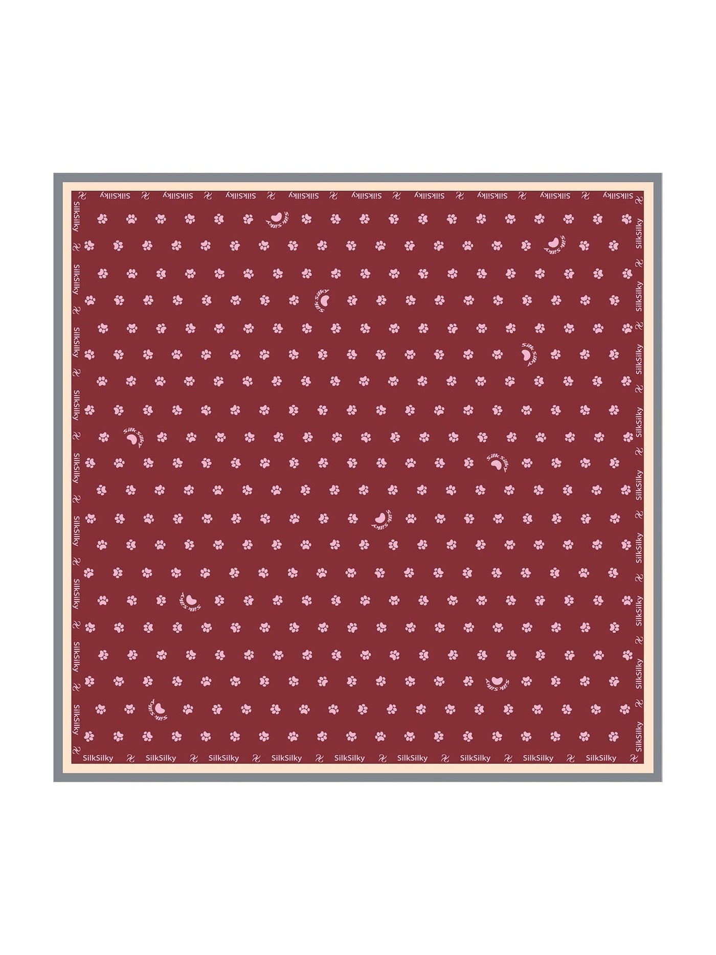 Wine mulberry silk paw print square scarf, 90x90cm.