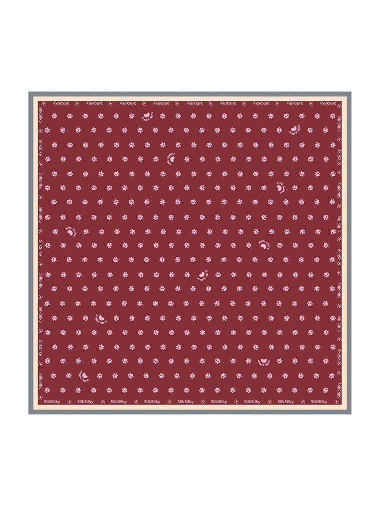 Wine mulberry silk paw print square scarf, 90x90cm.
