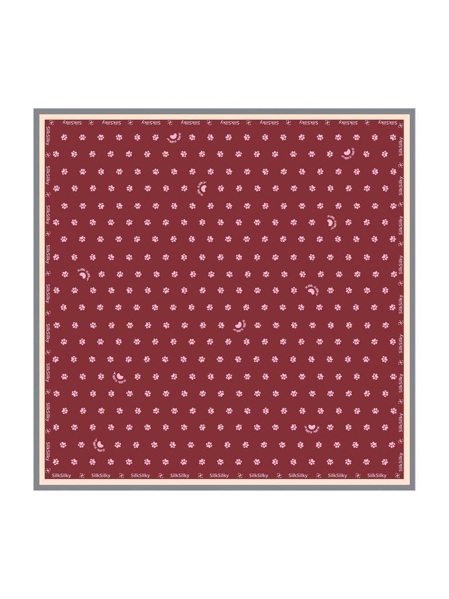 Wine mulberry silk paw print square scarf, 90x90cm.