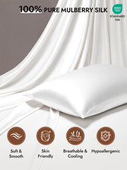 White 100% pure mulberry silk pillowcase with a hidden zipper, soft, skin-friendly, breathable, and hypoallergenic.