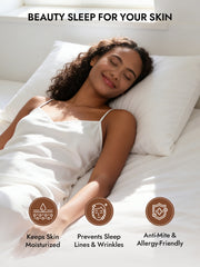Woman sleeping peacefully on a white mulberry silk pillowcase, highlighting skin benefits.