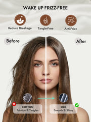 Woman's hair before and after using a silk pillowcase, showing reduced frizz and tangles.