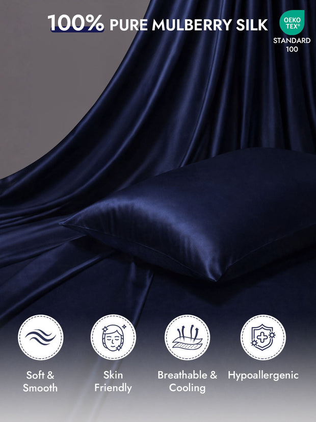 Navy blue 100% pure mulberry silk pillowcase with a hidden zipper, soft and smooth.