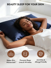 Woman sleeping peacefully on a navy mulberry silk pillowcase with a hidden zipper.