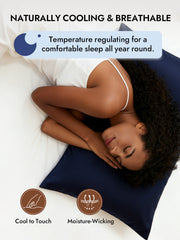 Woman sleeping on a navy mulberry silk pillowcase with a hidden zipper, highlighting its cooling and moisture-wicking features.