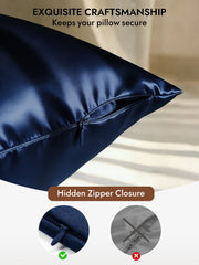 Navy blue mulberry silk pillowcase with a hidden zipper closure.