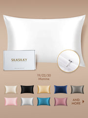 White 19 Momme Mulberry silk pillowcase with a hidden zipper, shown with its white box and color swatches.