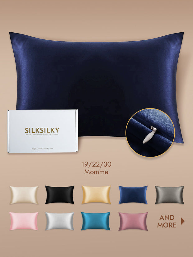 Dark blue 19 Momme Mulberry silk pillowcase with a hidden zipper, shown with its white packaging box.