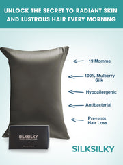Dark gray 100% Mulberry silk pillowcase with envelope closure and a black gift box.