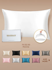 White 19 Momme mulberry silk pillowcase with envelope closure, shown with packaging and color swatches.