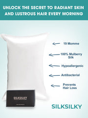 White 100% Mulberry silk pillowcase with envelope closure and black gift box.