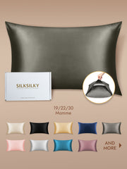 Dark gray 100% Mulberry silk pillowcase with envelope closure, shown with packaging and color options.