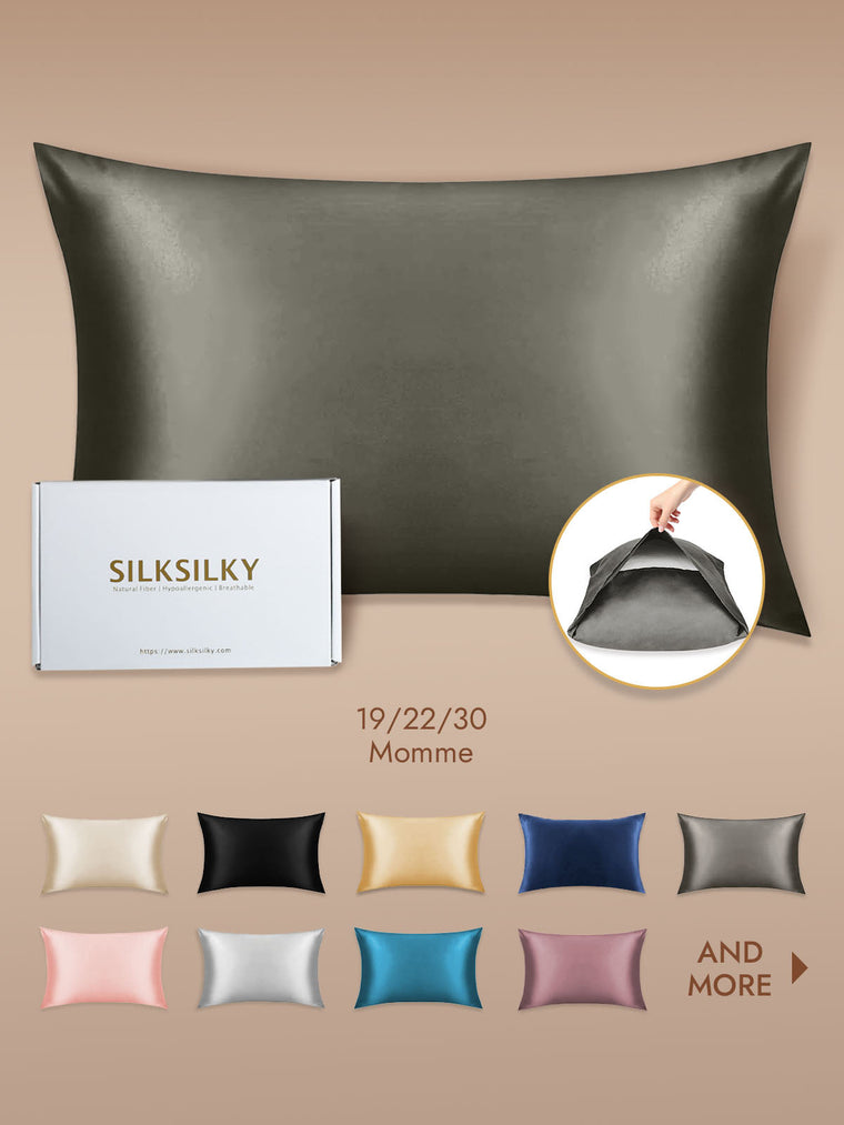 Dark gray 100% Mulberry silk pillowcase with envelope closure, shown with packaging and color options.