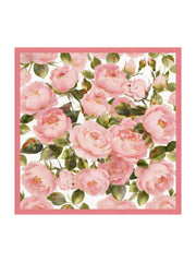 Pink floral print mulberry silk scarf, 90x90cm, with a border of blooming peonies and green leaves.