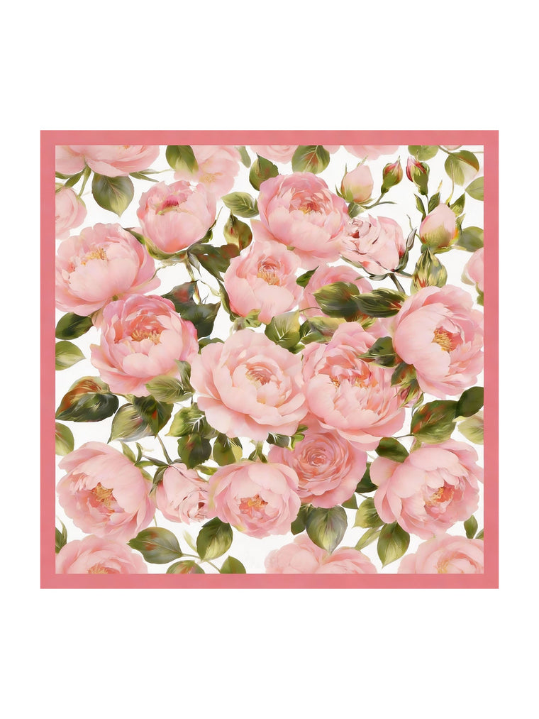 Pink floral print mulberry silk scarf, 90x90cm, with a border of blooming peonies and green leaves.
