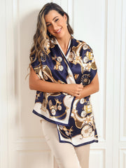 Women's mulberry silk long rectangle shawl scarf with navy and gold carriage print.
