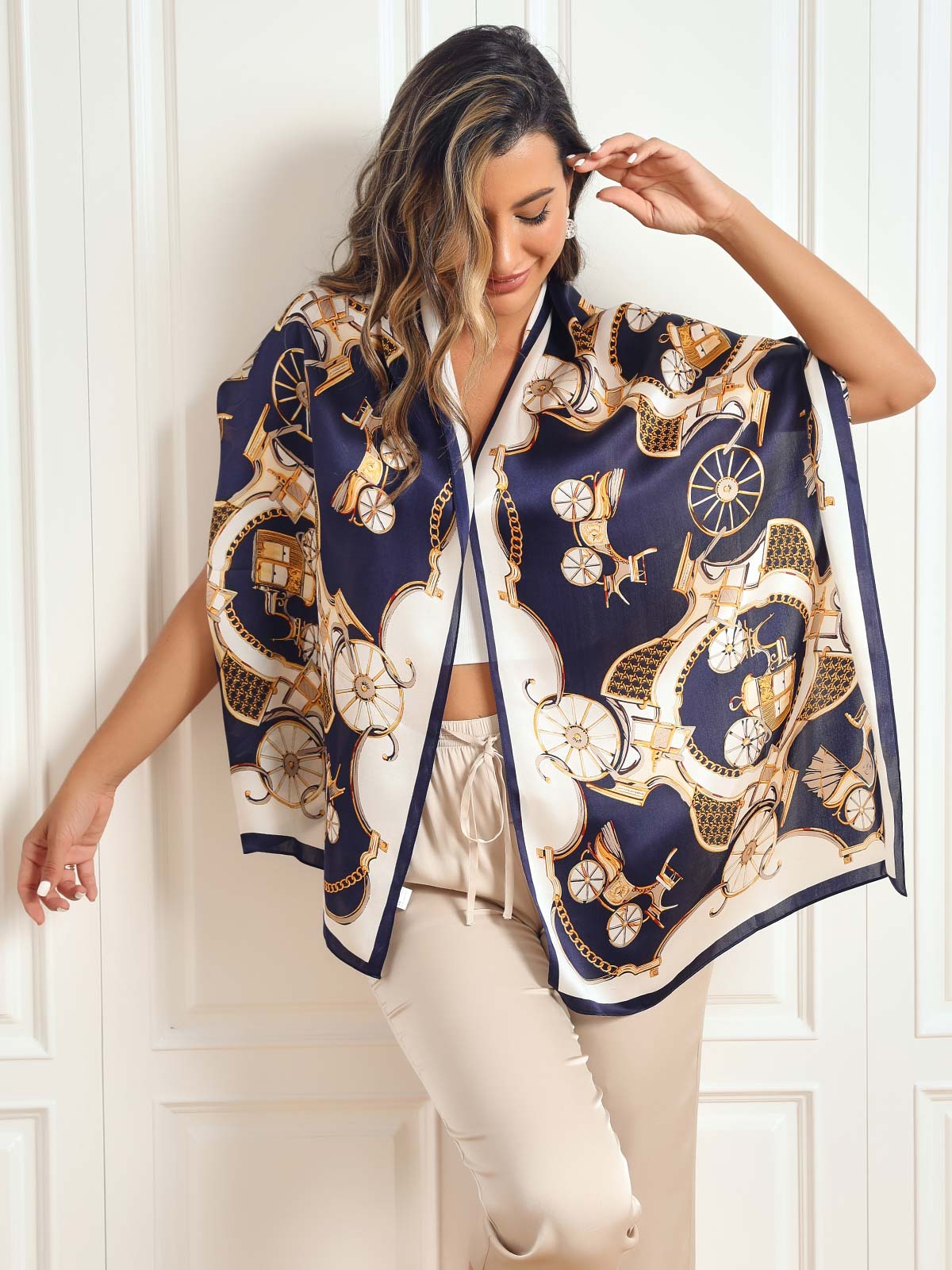 Women's mulberry silk long rectangle shawl scarf in navy and white with a gold carriage print.
