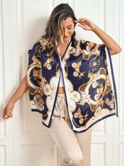 Women's mulberry silk long rectangle shawl scarf in navy and white with a gold carriage print.