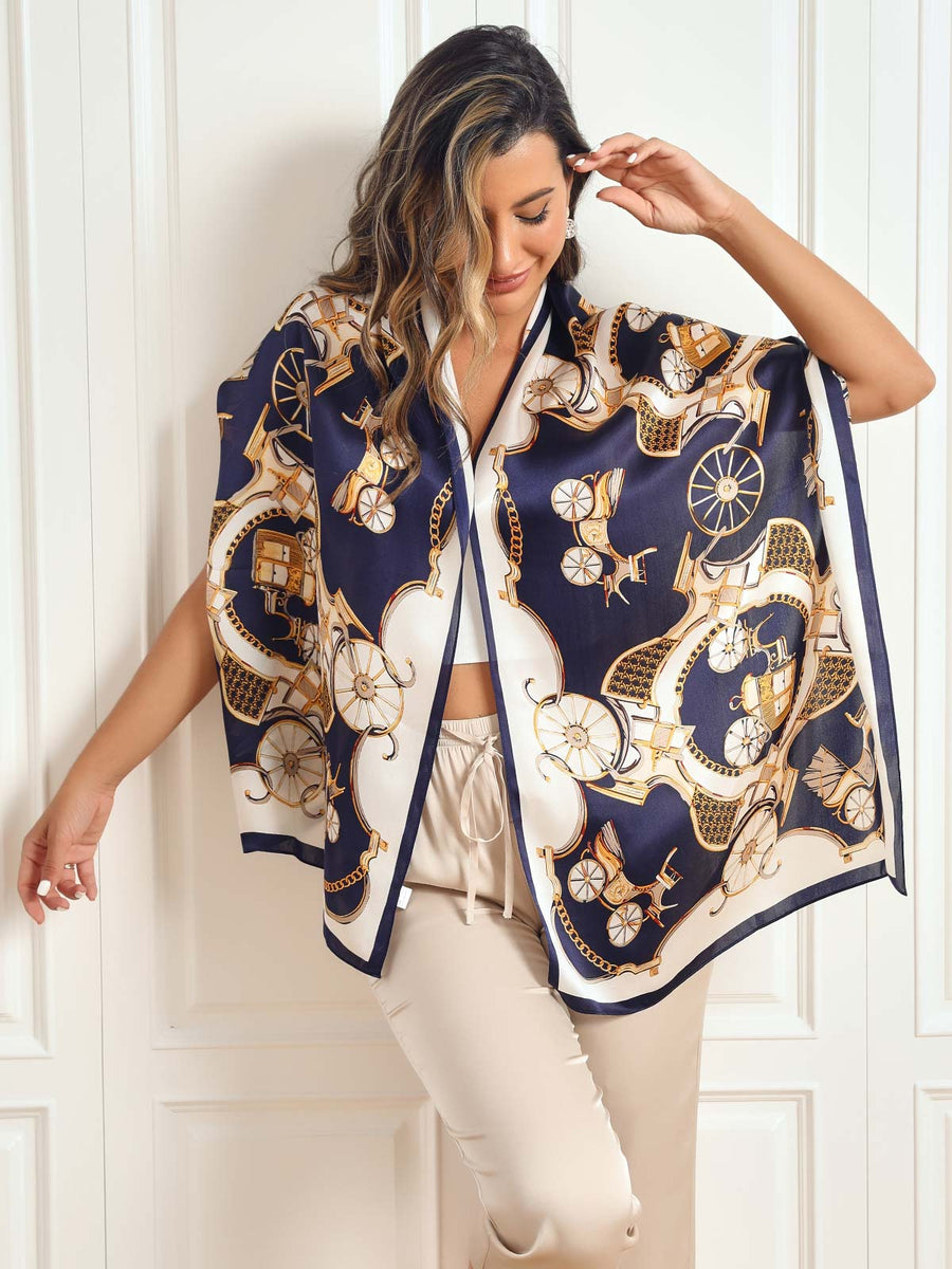Women's mulberry silk long rectangle shawl scarf in navy and white with a gold carriage print.