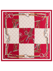 Red mulberry silk square scarf with equestrian bridle and bit print.