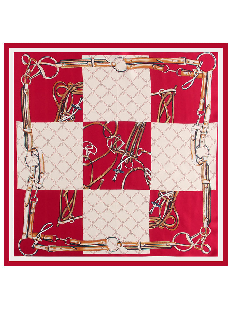 Red mulberry silk square scarf with equestrian bridle and bit print.