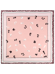Pink 100% Mulberry silk square scarf with black and white cat pattern and leopard print border.