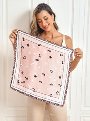 Pink mulberry silk square scarf with black and white cat print and leopard border.