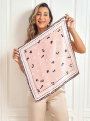 Women's 100% Mulberry silk square scarf with pink cat print and leopard border.