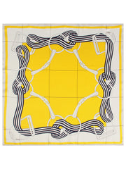 Mulberry silk square scarf with yellow center and white border, featuring a black and white equestrian chain print.