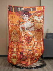 Mulberry silk printed rectangle scarf/shawl with a Klimt-inspired portrait design in warm orange and red tones.
