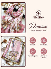 Pink 100% mulberry silk printed rectangular long shawl scarf with gold chain and buckle pattern.