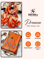Orange 100% mulberry silk rectangular long shawl scarf with a decorative chain and tassel print.