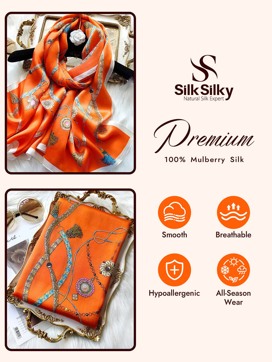 Orange 100% mulberry silk rectangular long shawl scarf with a decorative chain and tassel print.