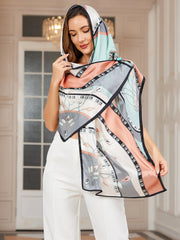 Mulberry silk printed rectangular long shawl scarf with floral and geometric patterns in peach, mint, and gray.
