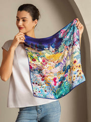 Women's mulberry silk square scarf, 53*53 cm, with a vibrant floral garden print.