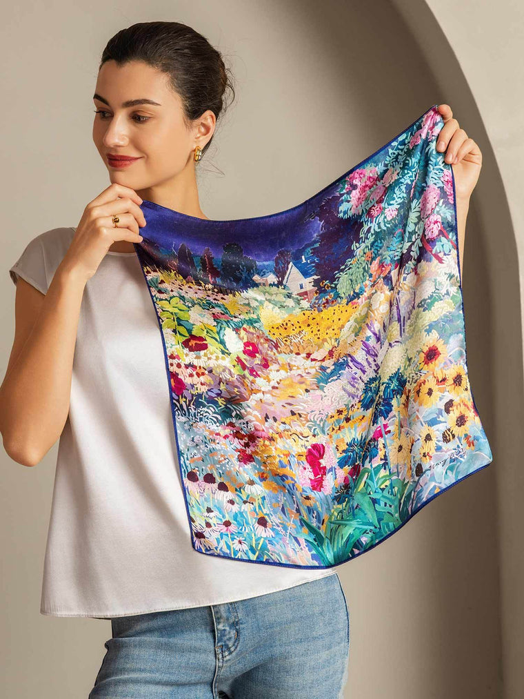 Women's mulberry silk square scarf, 53*53 cm, with a vibrant floral garden print.