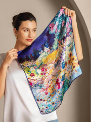 Women's mulberry silk square scarf with vibrant floral garden print, 53*53 cm.