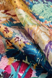 Mulberry silk printed square scarf, 53x53 cm, with vibrant floral and abstract patterns in pink, blue, yellow, and green.