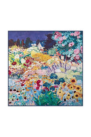 Mulberry silk printed square scarf, 53x53cm, featuring a vibrant garden landscape design.