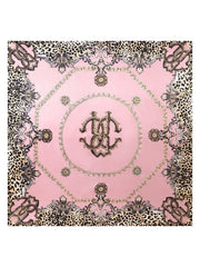 Mulberry silk square scarf with pink center, leopard print border, gold chains, and ornate patterns.