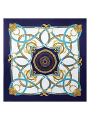Navy blue mulberry silk square scarf with gold and blue chain print.