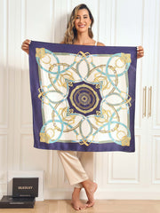 Women's mulberry silk printed square scarf with navy blue border and gold chain pattern, 88x88cm.