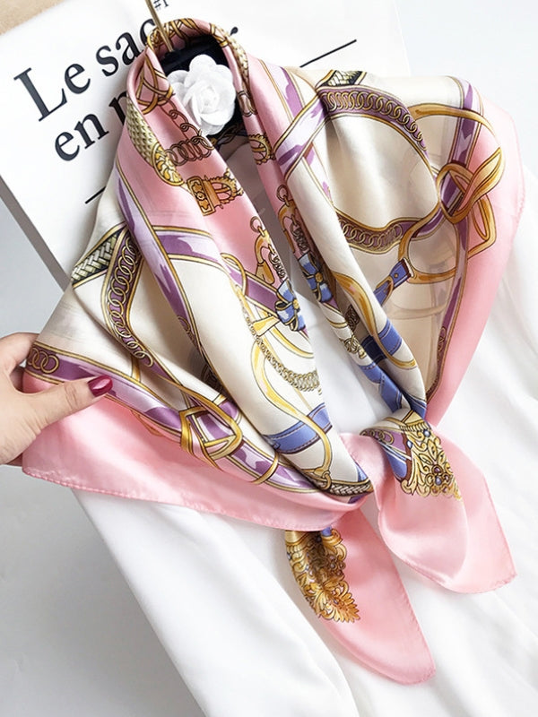 Pink 100% Mulberry silk printed square shawl scarf with chain pattern, 88x88cm.