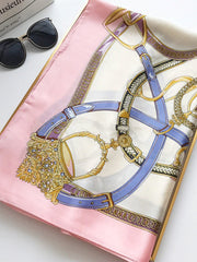 Pink 100% Mulberry silk square scarf with gold and blue equestrian belt and chain print.