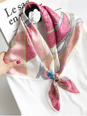 Pink and white mulberry silk printed square shawl scarf with chain and belt pattern, 88x88cm.