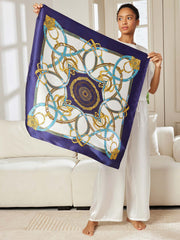 Mulberry silk printed square shawl scarf, 88x88cm, with blue, white, and gold chain pattern.