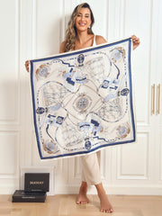 Women's 88x88cm mulberry silk square shawl scarf with a blue and white nautical ship print.